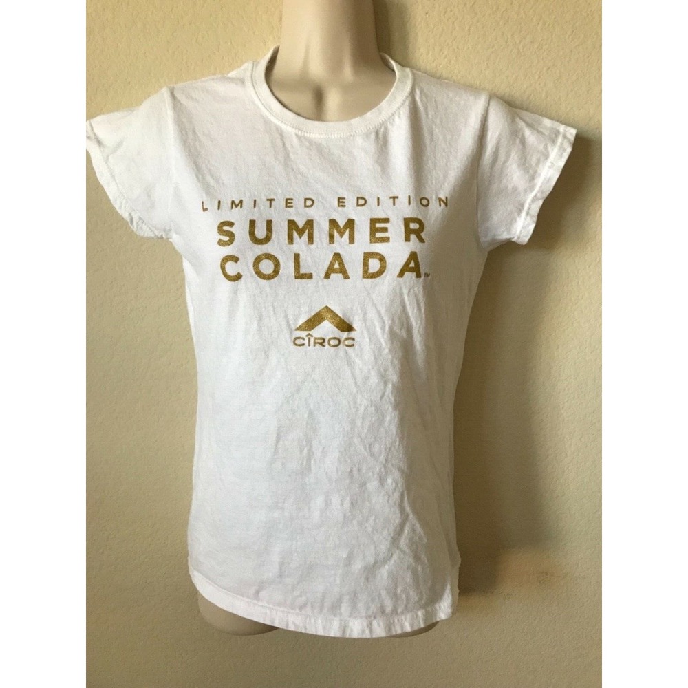 Gildan White Gold Sparkle Ciroc Summer Colada Crew Neck Short Sleeve Top Size S
